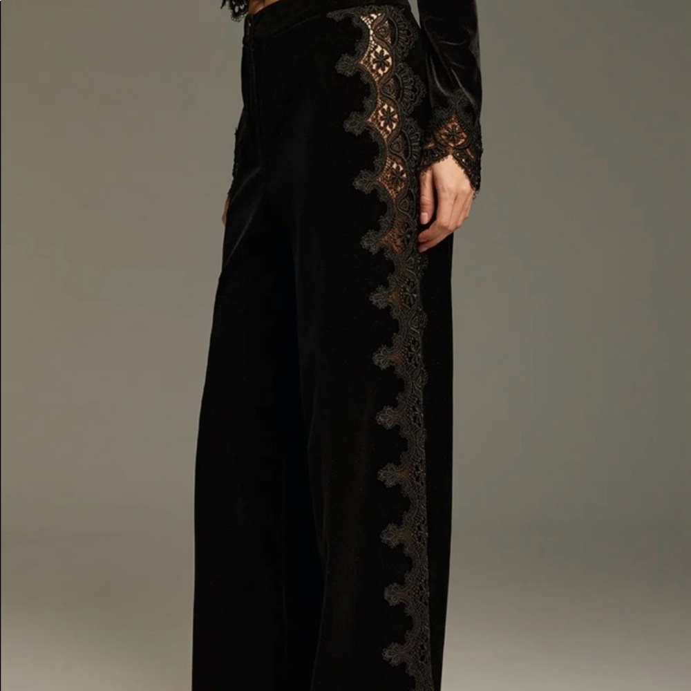 Commense Side Lace Panel Velvet Straight-Leg Pants - Picture 2 of 4